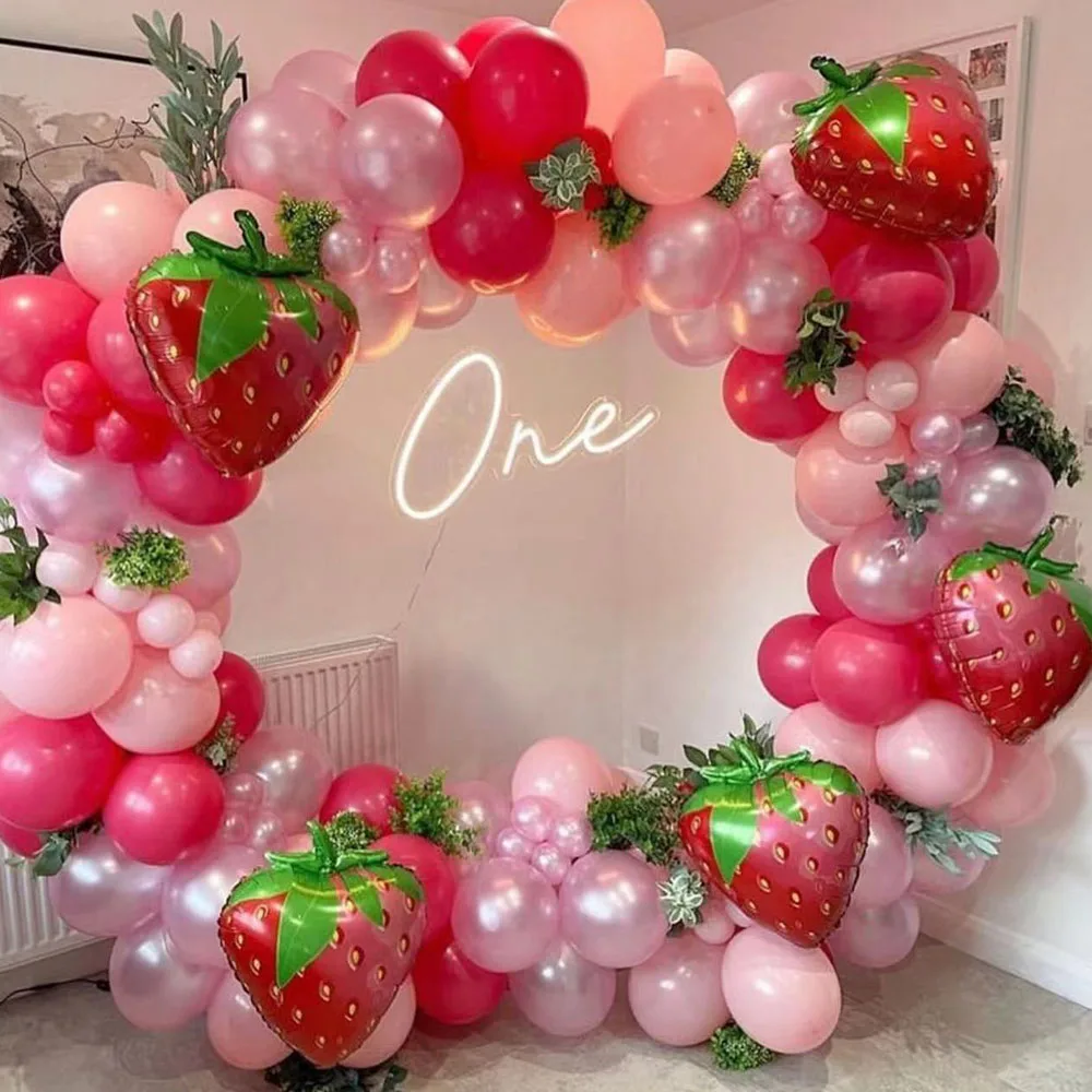 6Pcs Strawberry Balloons Sweet Strawberry Foil Mylar Balloons for Girls Strawberry Themed Birthday Party Decorations