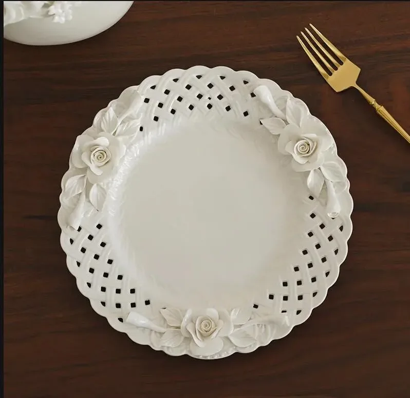 

10" Fine European Court Style Ceramic Western Dinner Plate Hand-kneaded Rose Floral Art Collection High Grade Dishes