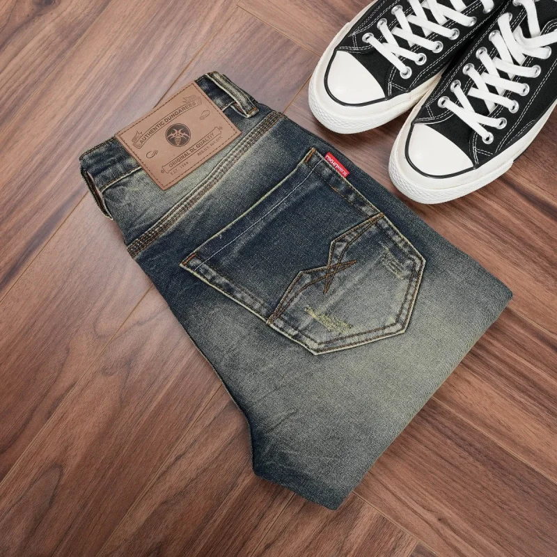 

New autumn collection heavy-duty washed denim jeans, classic retro distressed blue slim straight-leg trendy men's wear