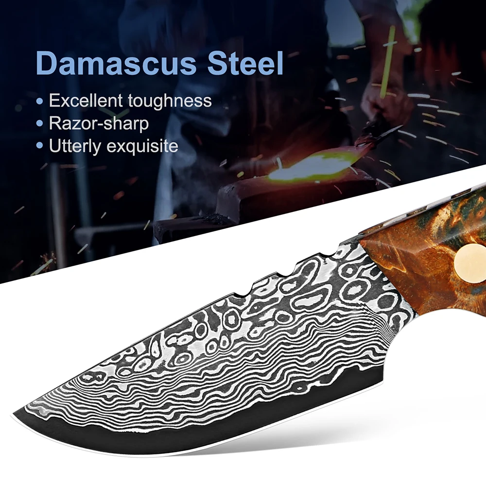 Full Tang Damascus Steel Utility Knife Kitchen Fruit Paring Slicing Pocket Knife Stabilized Wood Colorful Handle Super Sharp