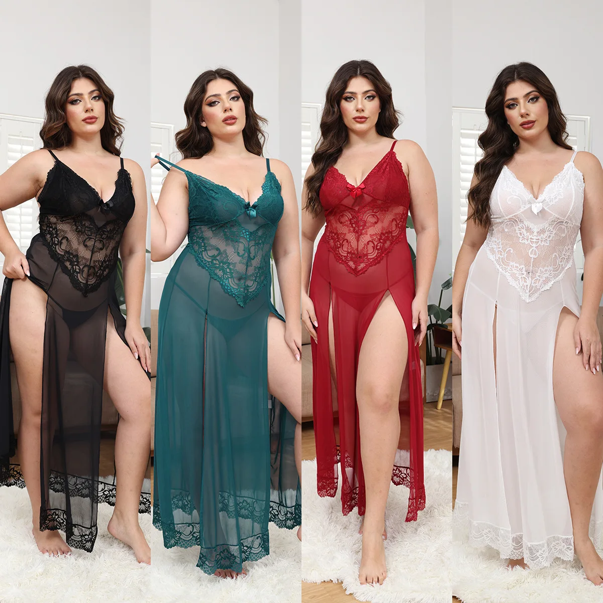 Women Plus‑Size Red Lace Long Sleep Dress V‑Neck Bow‑Decorated Spaghetti‑Strap Nightgown High‑Slit Sheer Mesh Loungewear 3Y44 view 2