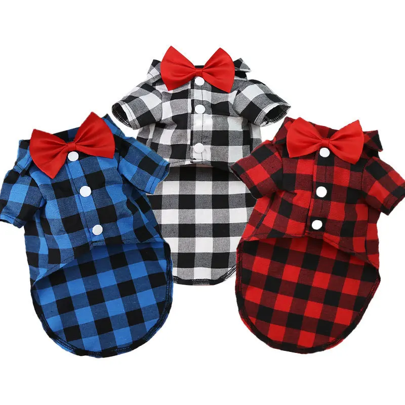 Pet Dog T-Shirts Bowtie Classical Plaid Thin Breathable Summer Dog Clothes Vest Chihuahua Yorkies Puppy Pet Cat Clothing Costume