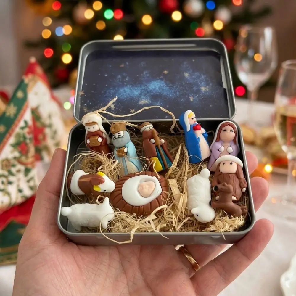 Metal Tin Box Mini Christmas Trough Set Holy Family 3D Printed Nativity Manger Scene Kit Shepherd Animal Hand Painted