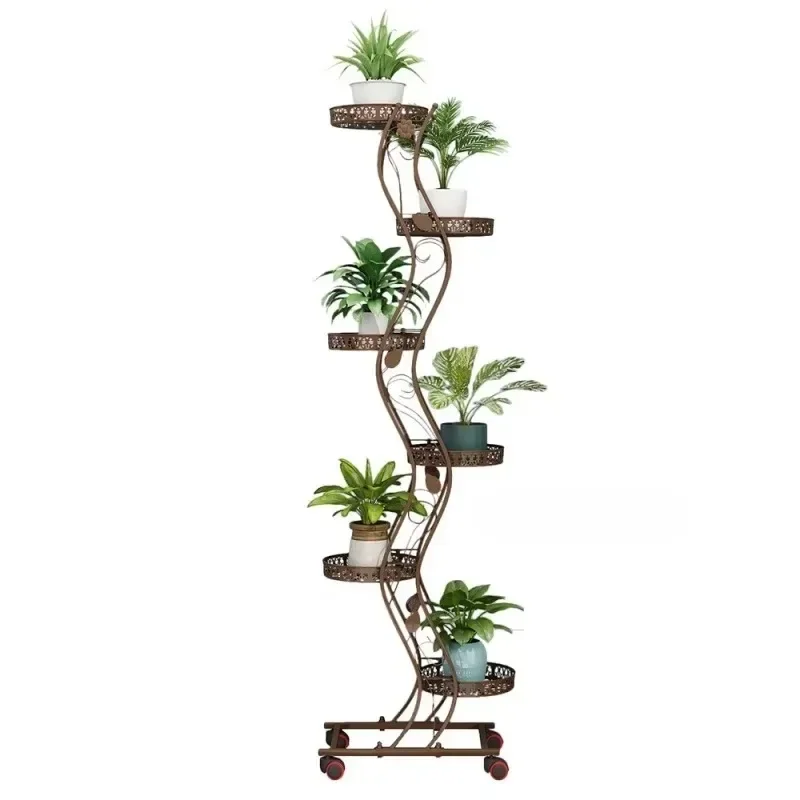 Fashion Wrought Iron Flower Stand, Multilayer with Wheels, Space-saving Living Room Plant Tray, Balcony Flower Pot Stand