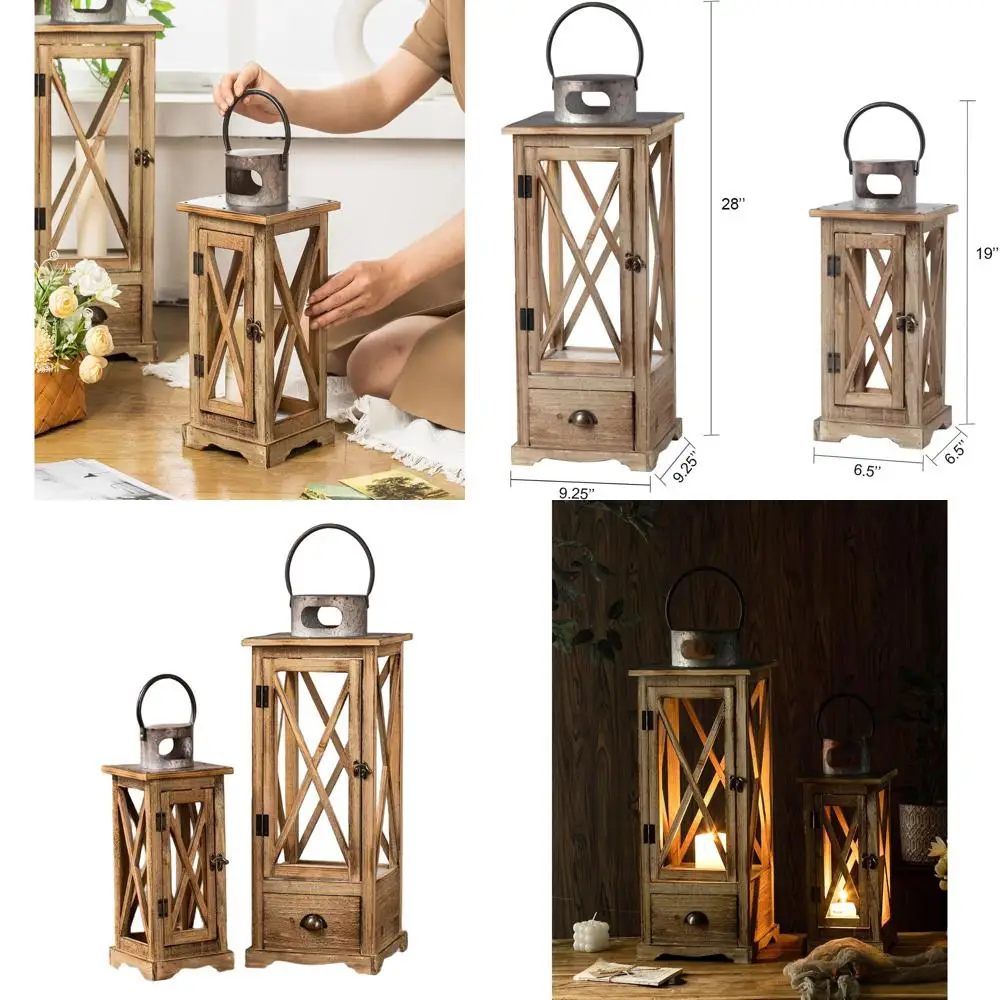 

Pair of Rustic Wooden Candle Lanterns with Drawer, Vintage-Style Hurricane Holders for Indoor/Outdoor Use (No Glass)