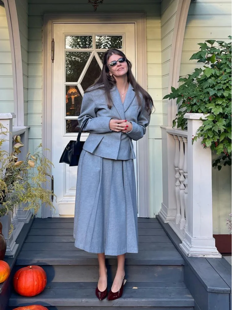 Elegant Women Grey Woolen Blazer Coat Skirt Suits Fashion Lapel Full Sleeves Coats Long Pleated Skirt Set Autumn Lady Outfits