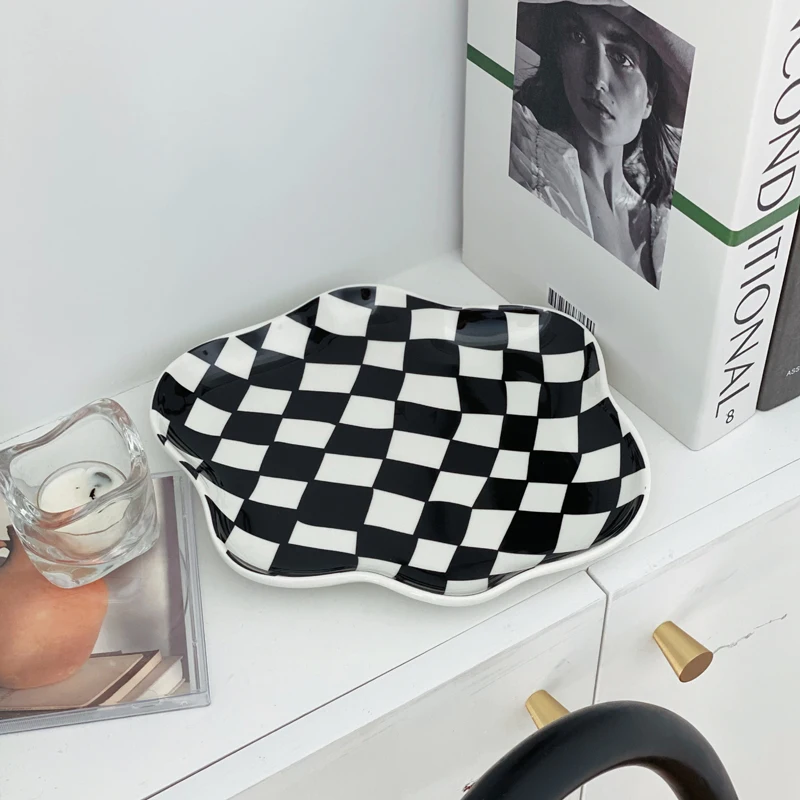 European Chessboard Ceramic Plate Black and White Checkered Irregular Tableware Dinner Plate Dinner Set Plates and Dishes