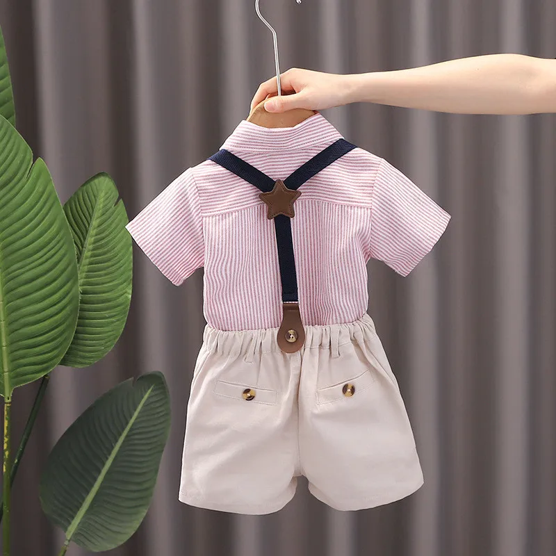 0-5Years New Baby Boys Summer Gentleman Style Party Attire Clothes Kids Thin Striped Shirt+ Bib Shorts 2pcs/sets Infant Suits