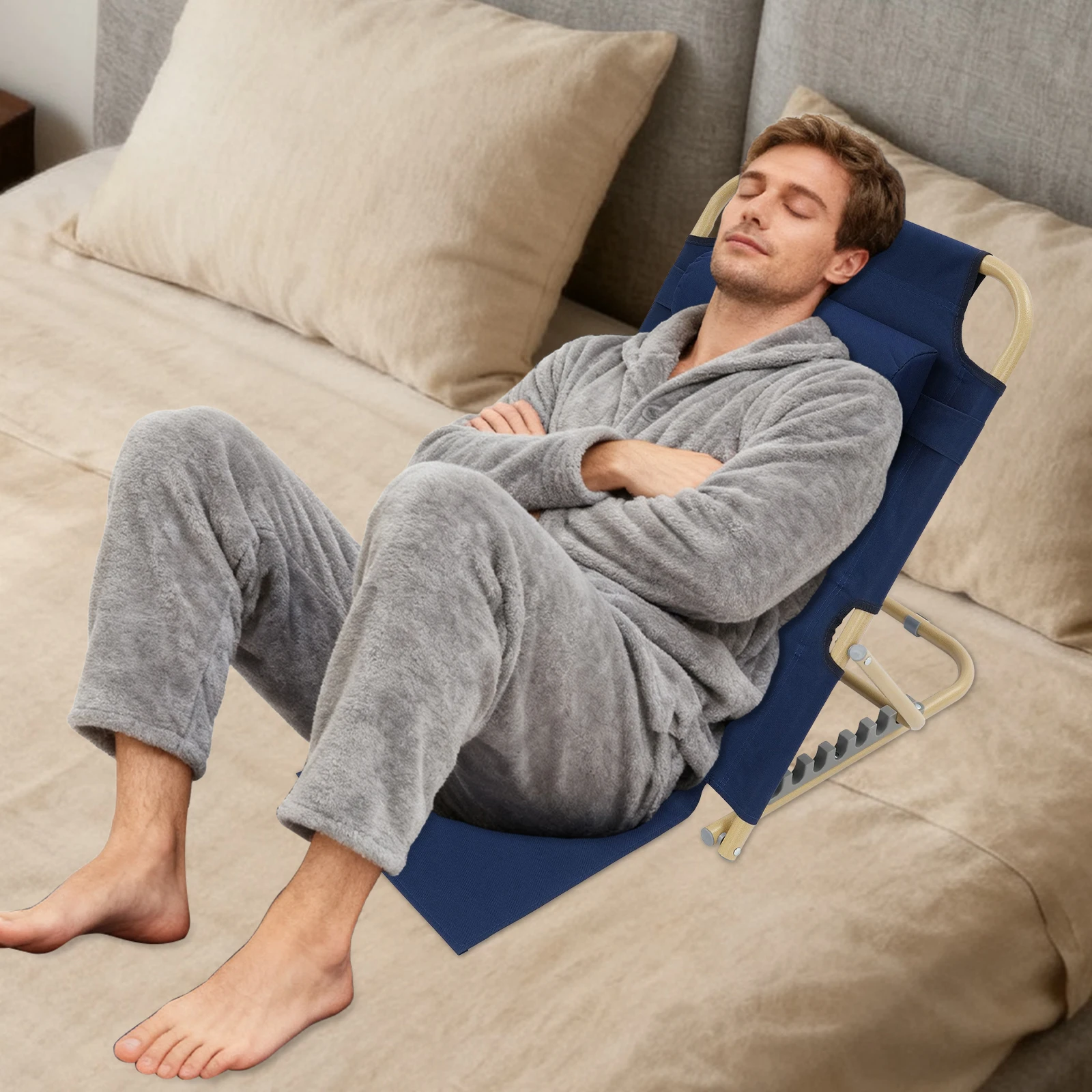 Deep Blue 7 Gears Lifting Bed Backrest 330lbs Portable Folding Adjustable Sit Up Back Rest with Bottom Pads