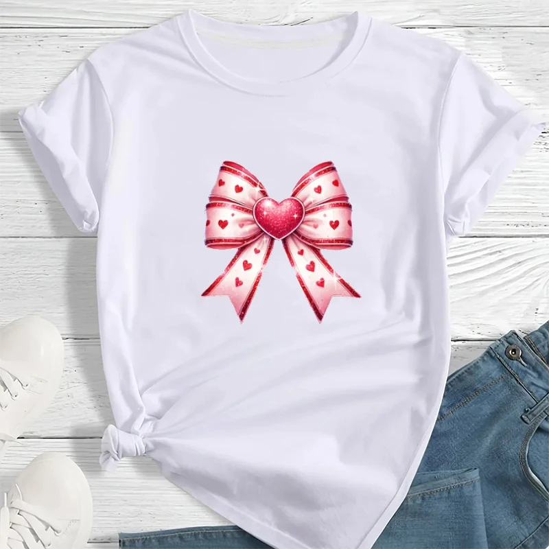 

Valentines Day Heart Bow Printed Women T Shirt Summer Harajuku Y2k Gothic Streetwear Casual Round Neck Short Sleeve Tshirts Tops