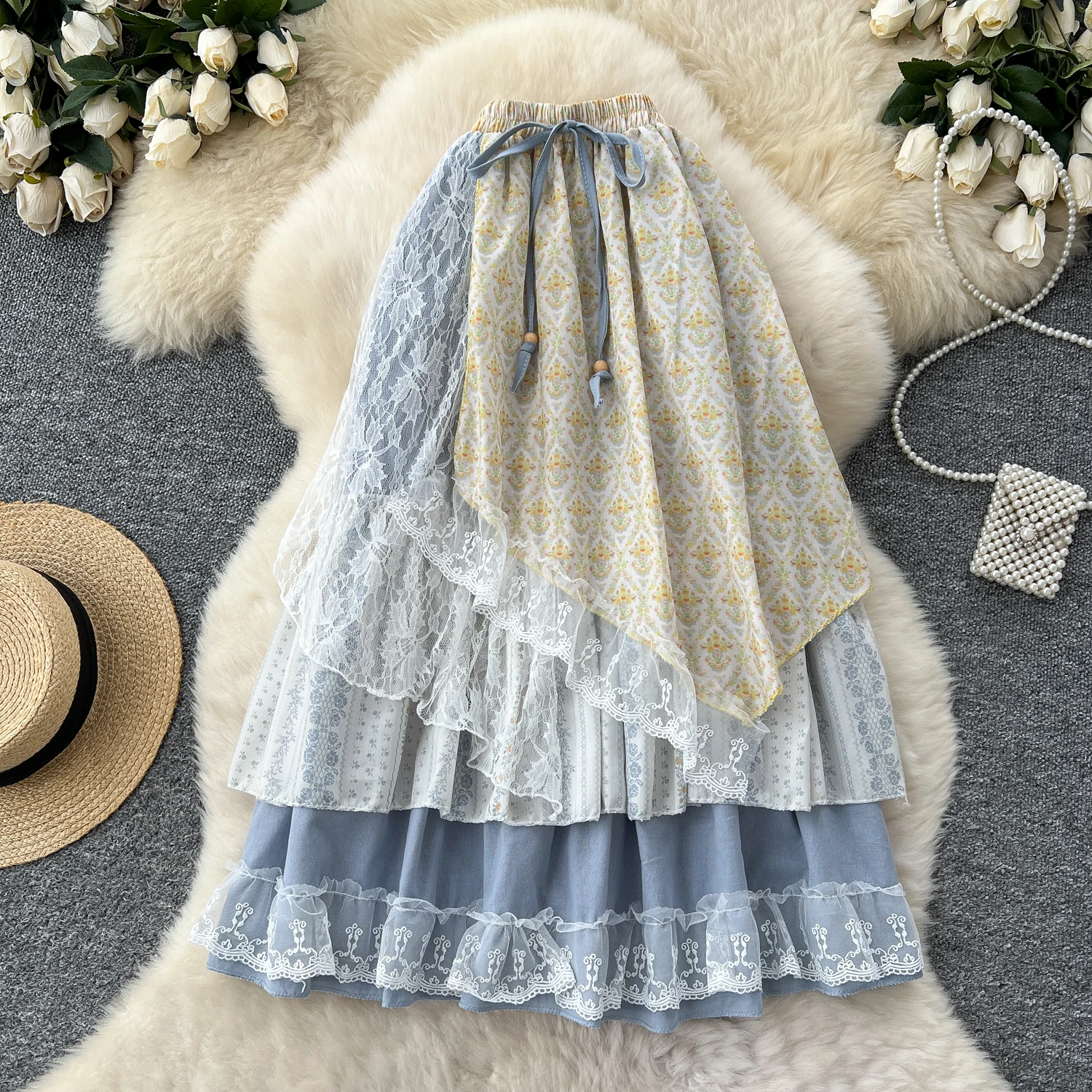 

Японский корейский стиль, кружевные лоскутные асимметричные сказочные юбки с цветочным принтом, женские юбки трапециевидной формы с высокой эластичной резинкой на талии