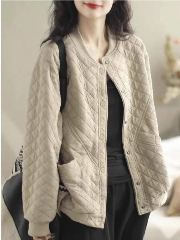 

Retro Sle Women's ort Jaet 2025 Autumn New Loose Fit Lightweight Cotton Insert Casual Diamond Pattern Button up Coat