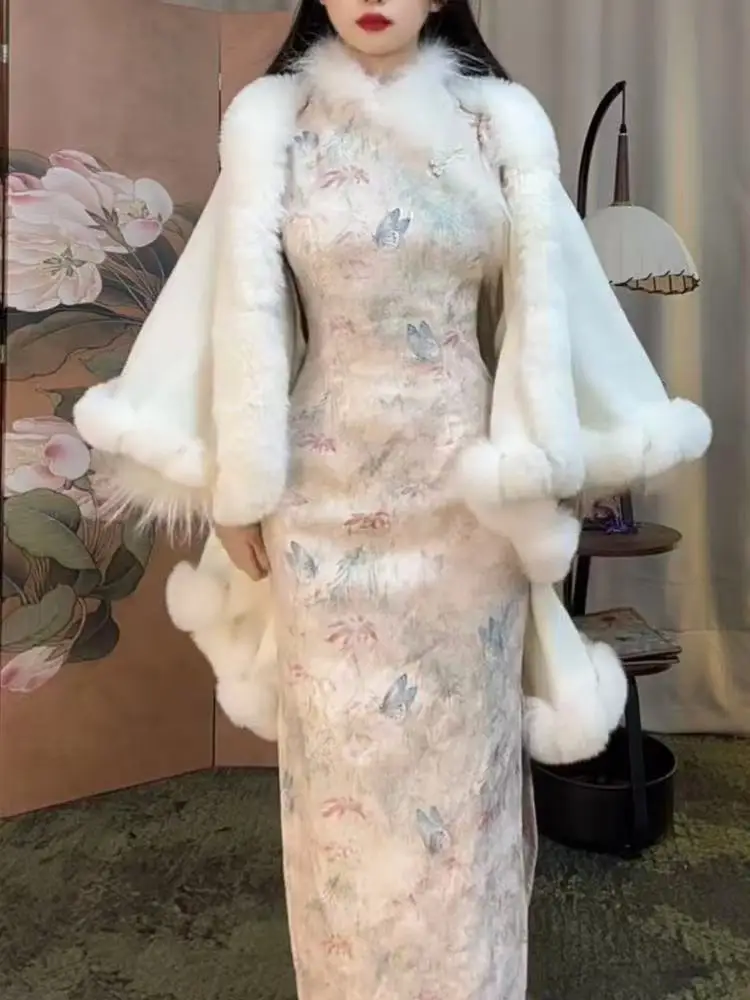 Nuovo mantello in stile cinese da donna tradizionale Chipao Cheongsam abbinato esterno autunno inverno addensare scialle mantello corto femminile