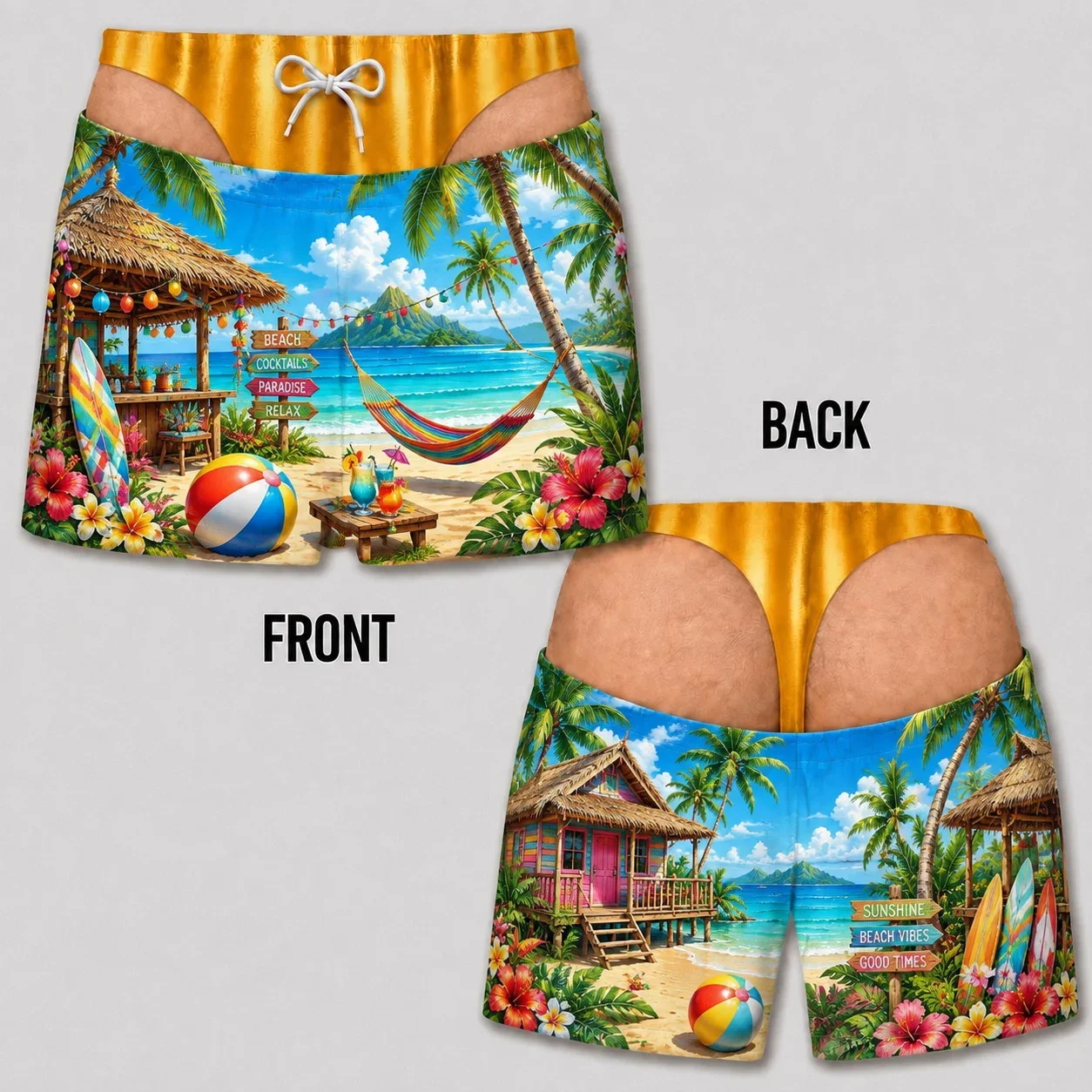 Men Funny Prank Butt Exposed Beach Shorts Sunset Beach Scenery Print Gold Fake Thong Swim Trunks