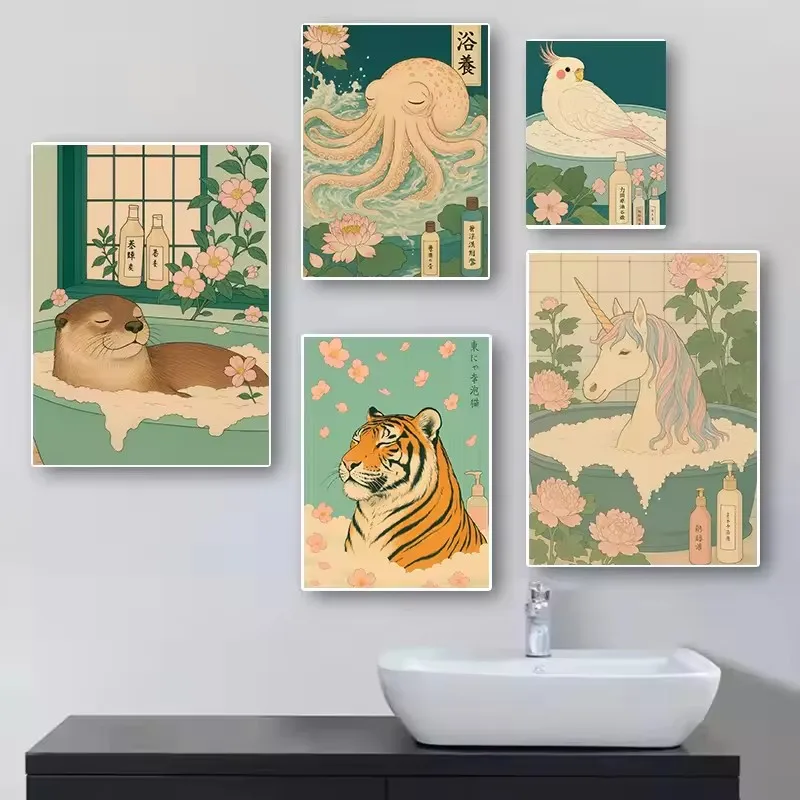 حيوانات لطيفة في ملصقات الدش على الطراز الياباني عمل فني مريح يطبع ملتوية للحمام من القماش صور جدارية لديكور المنزل والحمام