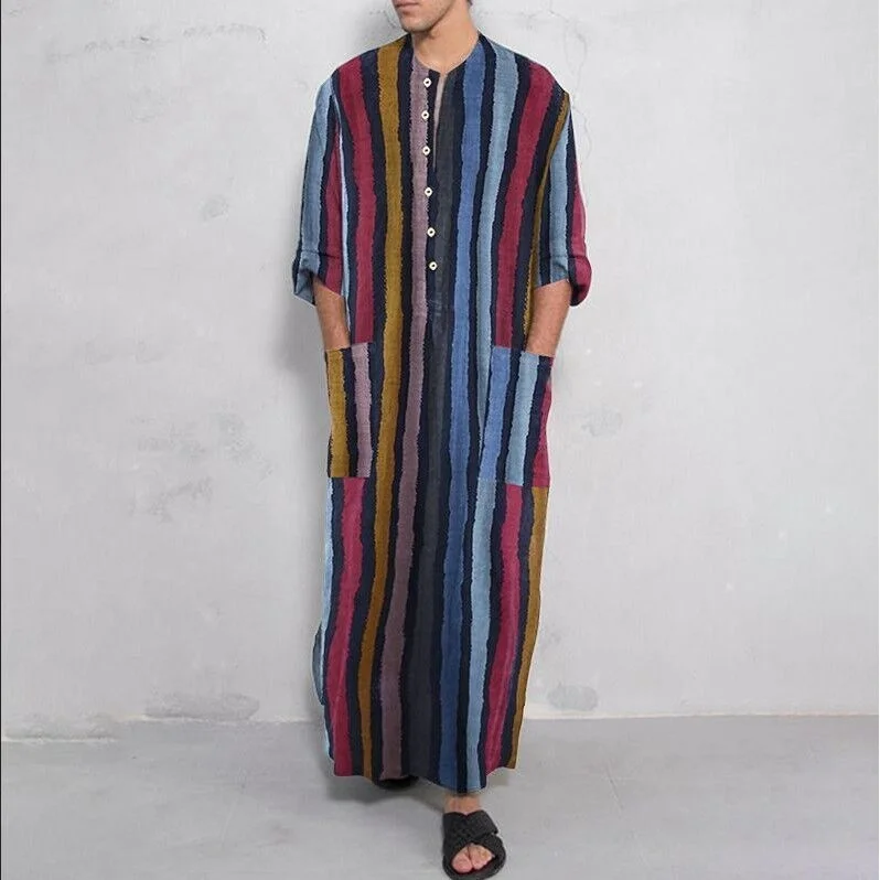 

Indonesian Malaysia men's colorful cotton linen striped shirt set Arab youth men's long sleeved robe shirt Muslim robe