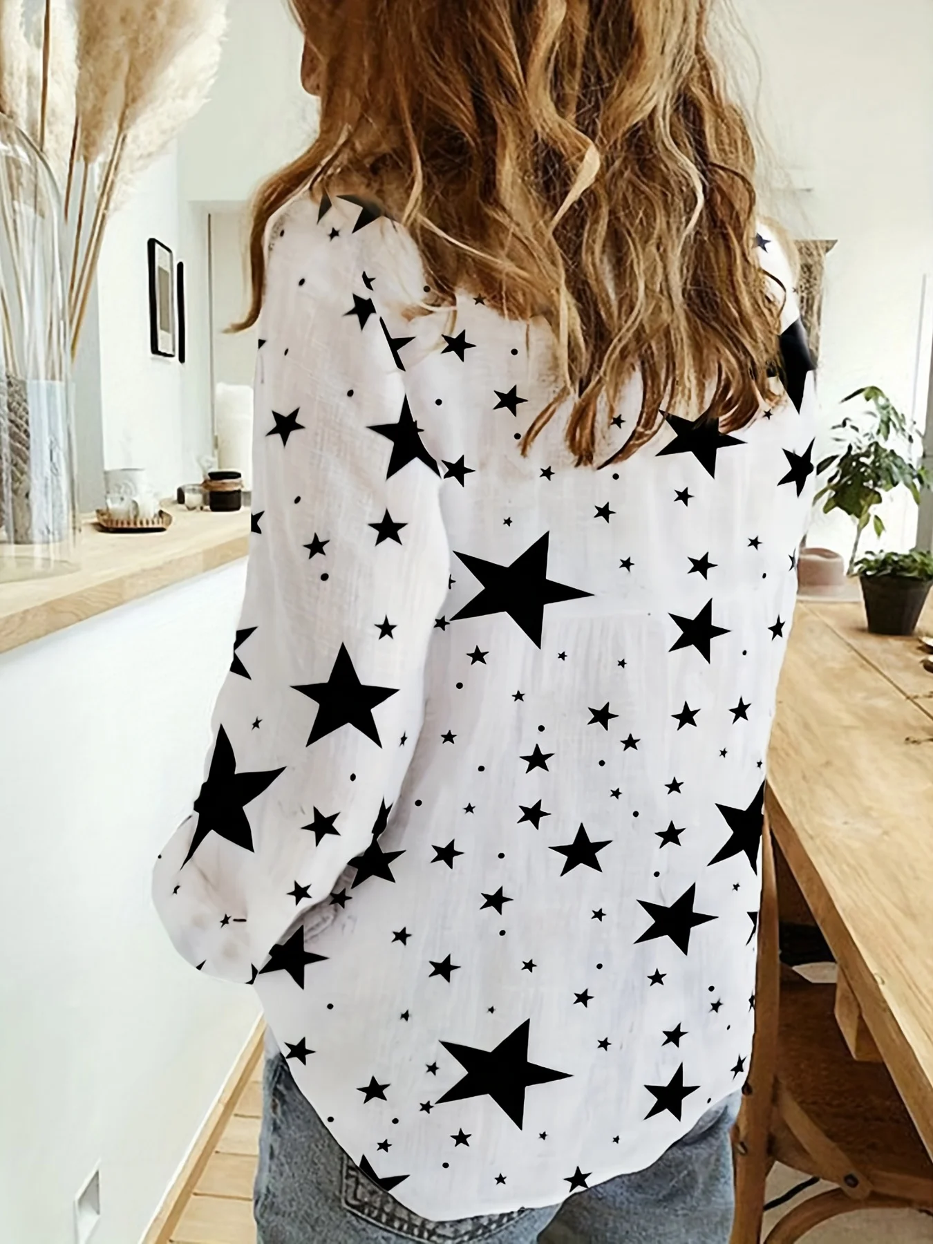 Autumn/Winter Women\'s Shirt 3D Star Pattern Printed Shirt Fashionable Daily Street Casual Women\'s Long Sleeve Button Shirt