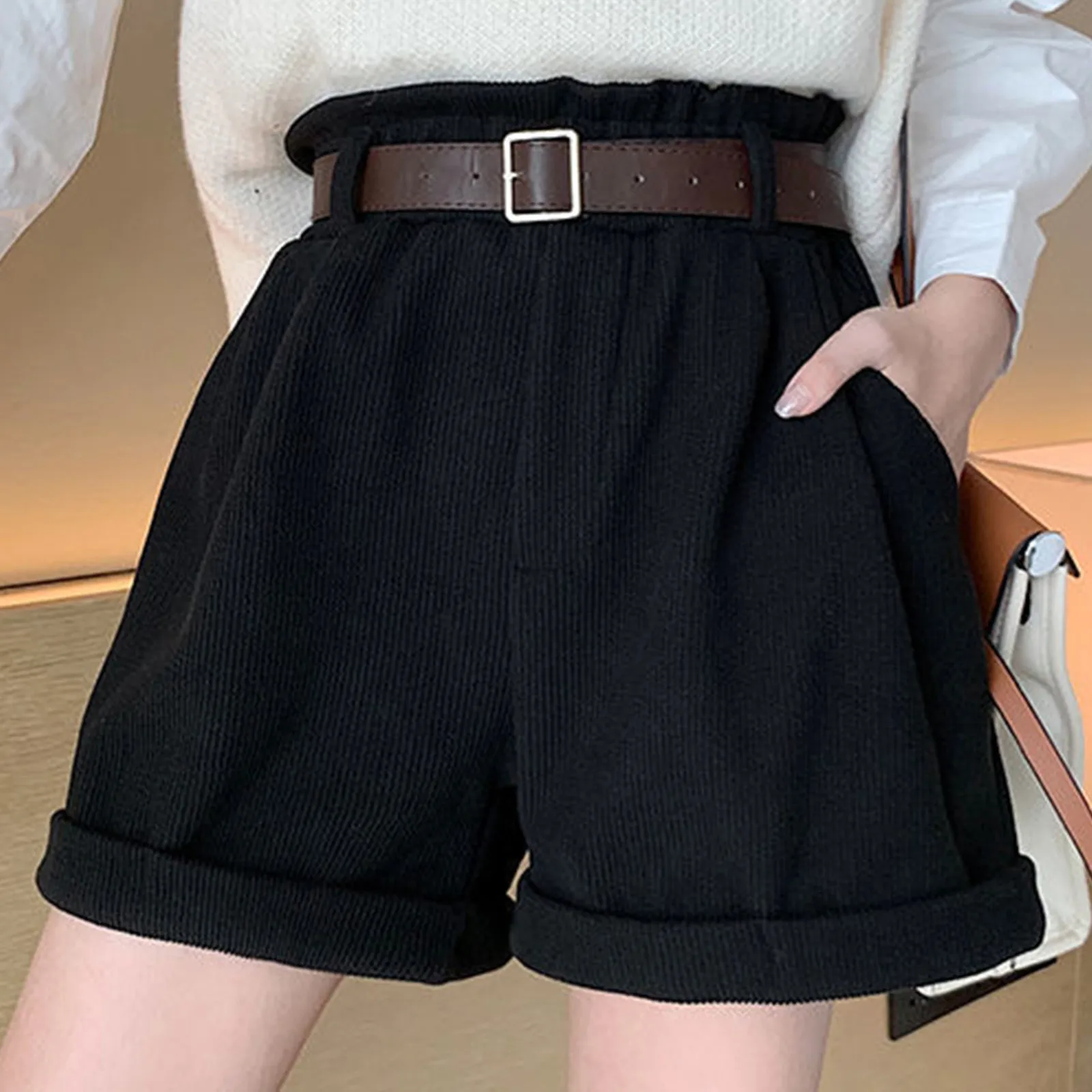 

2024 New Corduroy Women'S Cargo Shorts With Belted Summer High Waist Wide Leg Shorts Vintage Female Casual Short Trousers