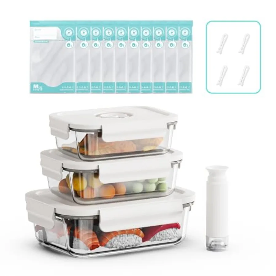 

Vacuum Seal Glass Food Storage Containers, 3pcs Containers with 10pcs Sous Vide Bags/ 1pc Manual Pump, Meal Prep Container with