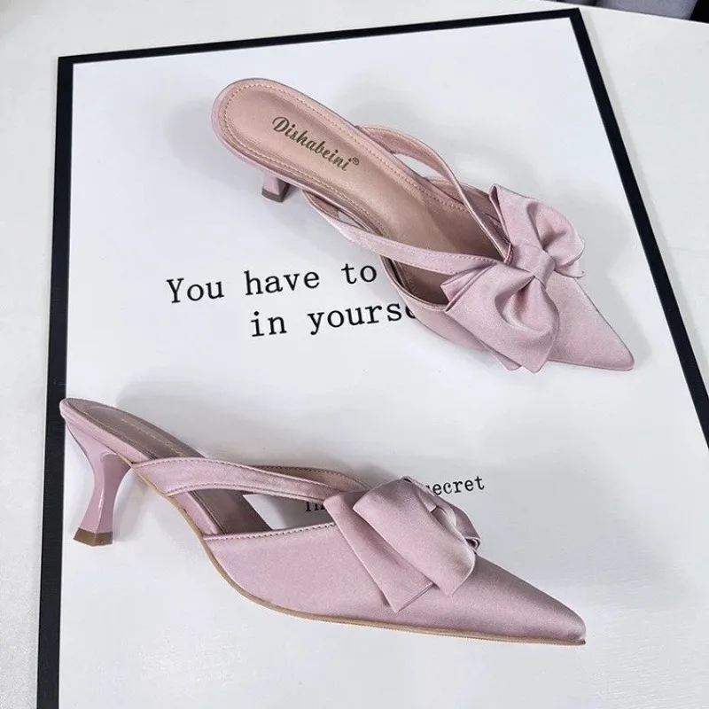 

New Fashion Fairy Style Pink Cool Slippers for Women's Summer French Pointed Bow Hollow High Heels Half Wrapped Women's Slippers