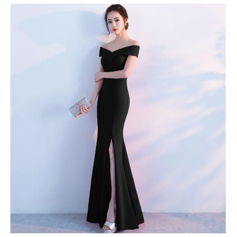 Evening Dresses Black Stretchy Off the Shoulder Zipper Back Mermaid Trumpet Slit Floor Length Women Party Formal Gowns YE006