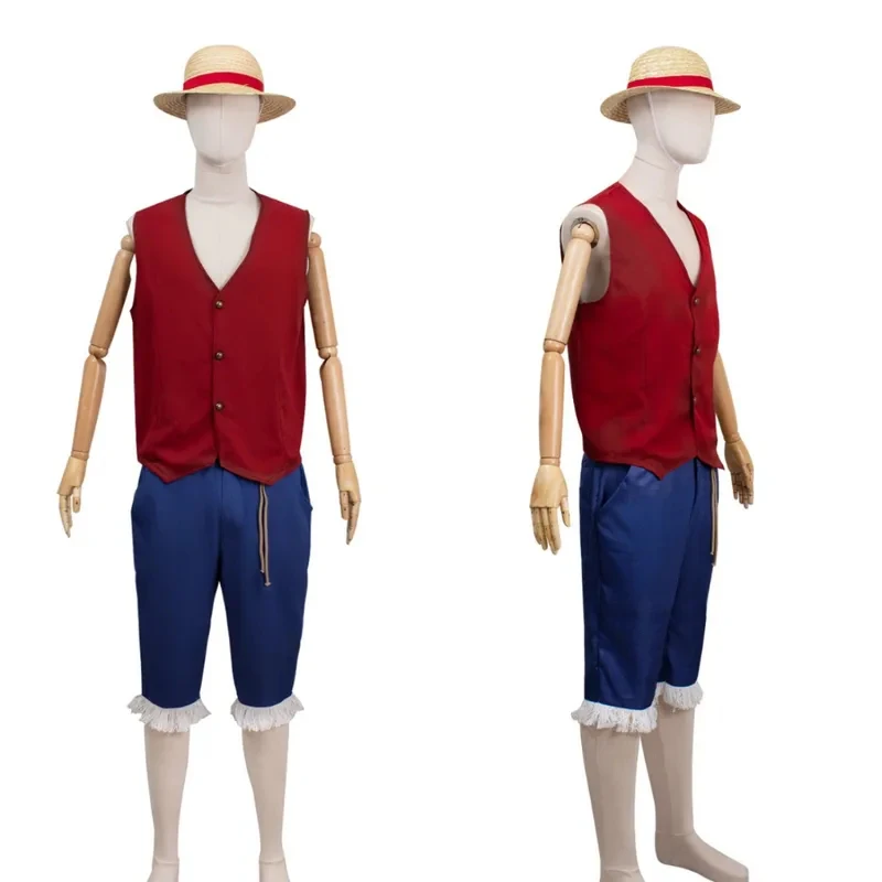 ▶❤Movie Luffy Cosplay Costume Anime Monkey D Luffy Cosplay Uniform Shirt Pants Hat Outfits for Kids Adult Halloween Party Cost❤◀ view 2
