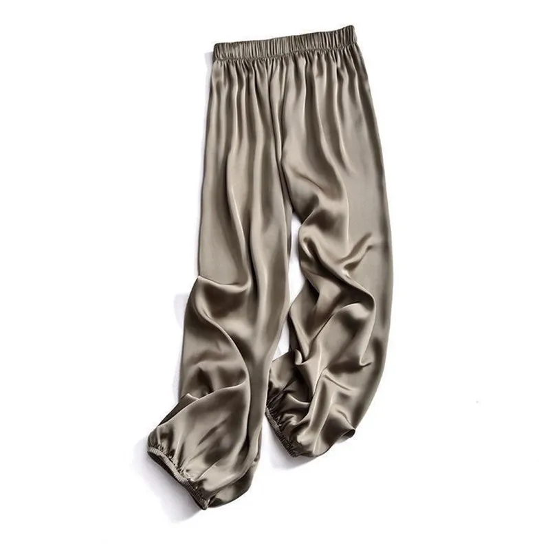 High Waist Ice Silk Pants for Women Summer Thin Loose Satin Pants Ankle Length Trousers Solid Color All-match Casual Pants