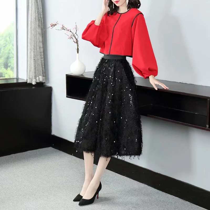 Fashion Designer Set Spring Summer Women Red Lantern Sleeve Tops+Black Tassel Sequin Midi Skirt Two-piece Set