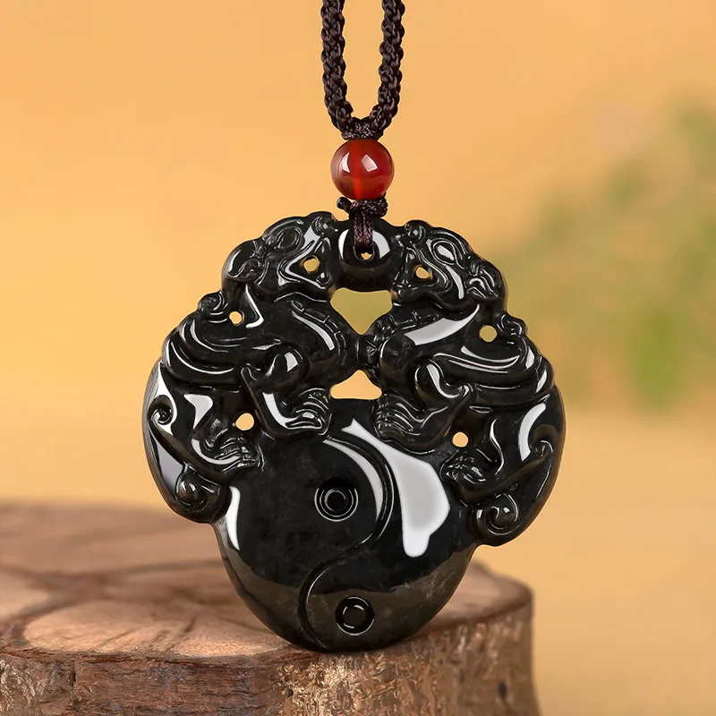 

Natural Myanmar A Black Chicken Jadeite Double Pixiu Pendants Attract Wealth Ice Jade Charms Men's And Women's Jewelry Drop Ship