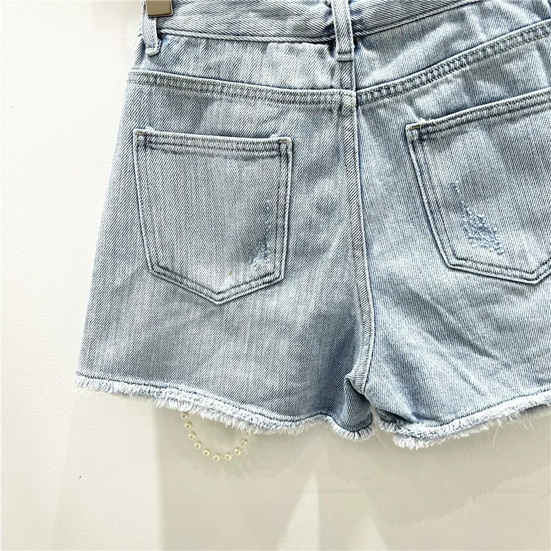 ダメージ加工デニムショートパンツ ウォッシュドジーンズ ハイウエスト チェーン スプライス カジュアル ポケット ルーズ ストリートウェア 夏 2025
