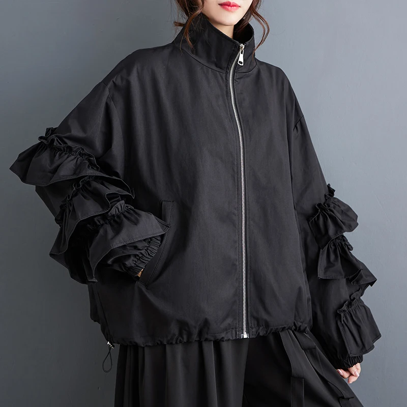 Women\'s Black Solid Color Ruched Jacket Casual Loose All Match Oversize Fashion Standing Vintage Collar Coat 2023 Spring Autumn