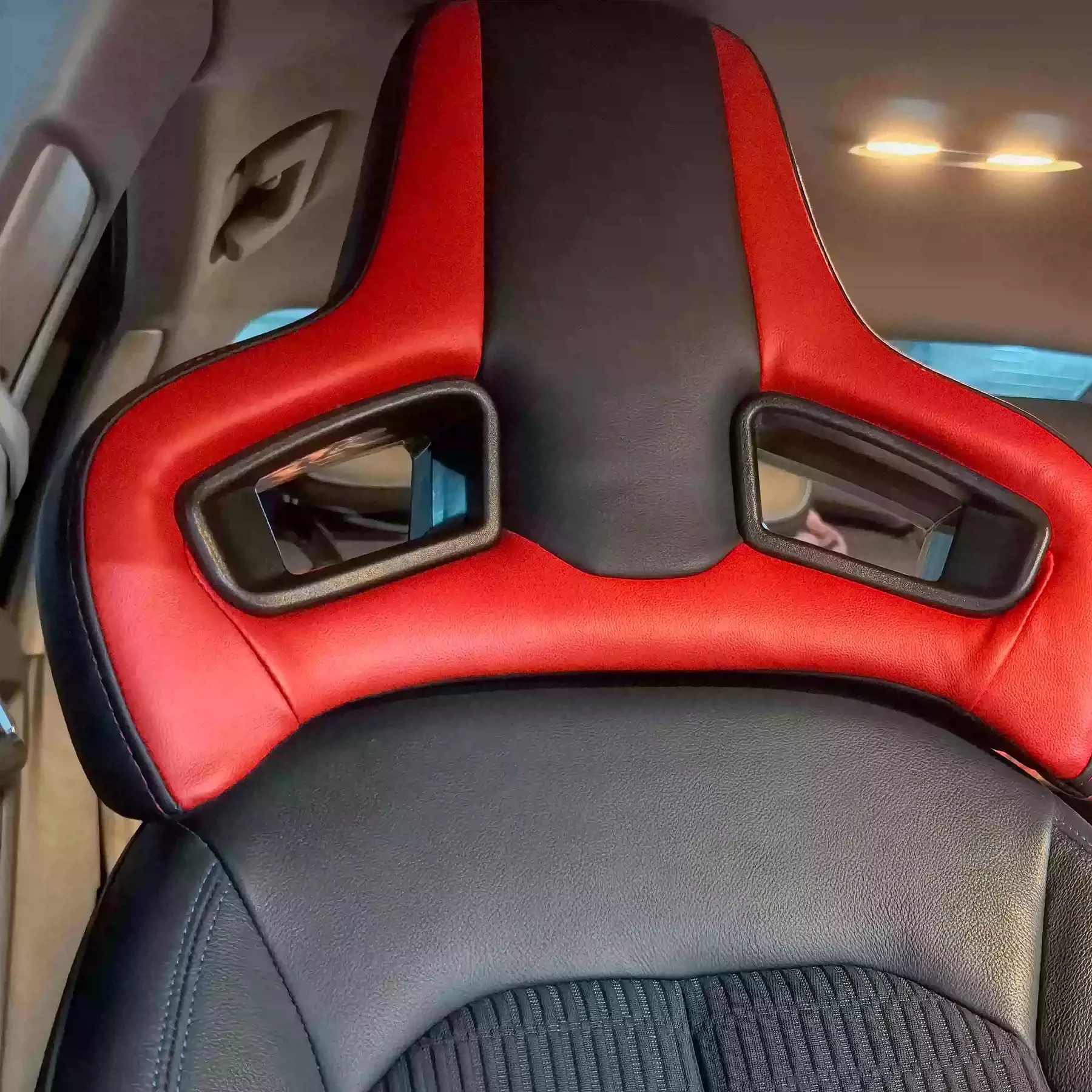 Premium Sport Car Seat Headrest, PU Leather, Custom Black Stripe Red, OEM Available