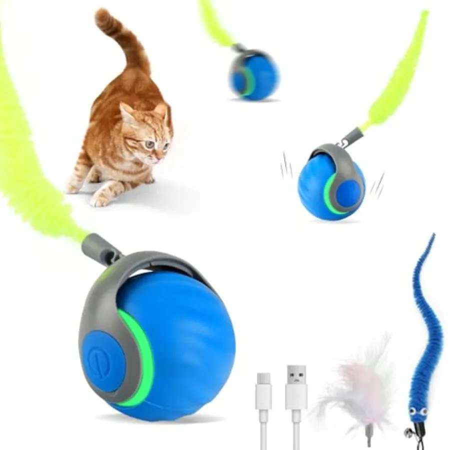 

Интерактивные игрушки для кошек для домашних кошек Перезаряжаемый движущийся игрушечный мяч для кошек с USB-зарядкой 3 сменных хвоста Случайные режимы движения