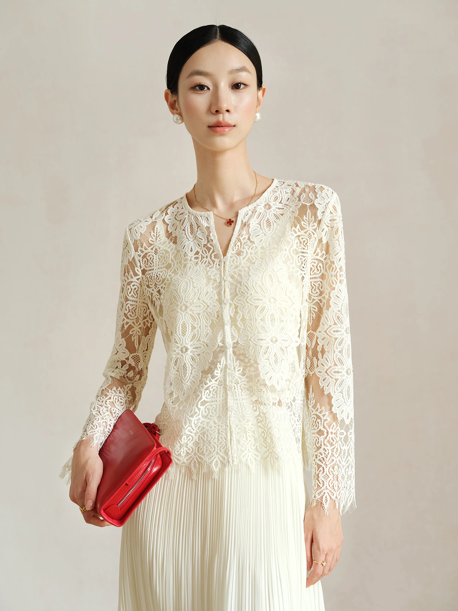 

Ele Heavy-Lace Knitted Open Cardigan Breathable Micro-Transparent Versatile Luxury Sle Women's Long Sve irt