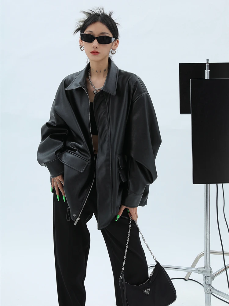Tawaaiw Unisex Black Pu Leather Coats And Jackets Women Long Sleeve Pocket Turn-down Collar Streetwear American Retro Outerwear