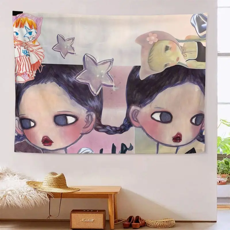 VIKAMA Y2K Big Eyes Sad Cartoon Girl Star Print Tapestry Soft Grunge Aesthetic Wall Hanging Bedroom Dorm Indie Room Decor