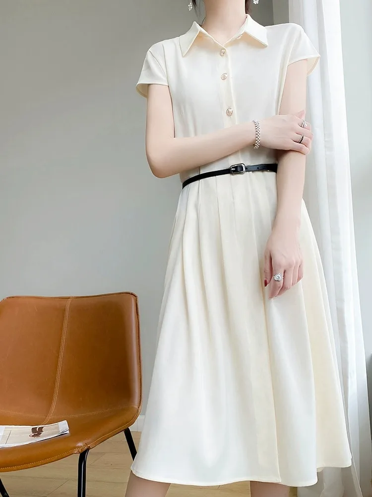 엘레 칼라 새틴 드레스 여성 여름 슬림핏 오트 슬리브 롱 루즈핏 다용도 미드 웨이스트 A라인 드레스 버튼 디테일