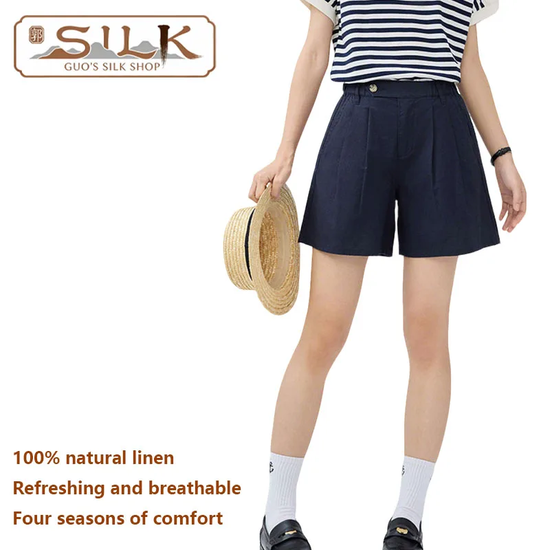 

Natural Pure Linen Women's Shorts - Stretch Waist Wide Leg Loose Pants for Fashionable and Casual Summer Wear