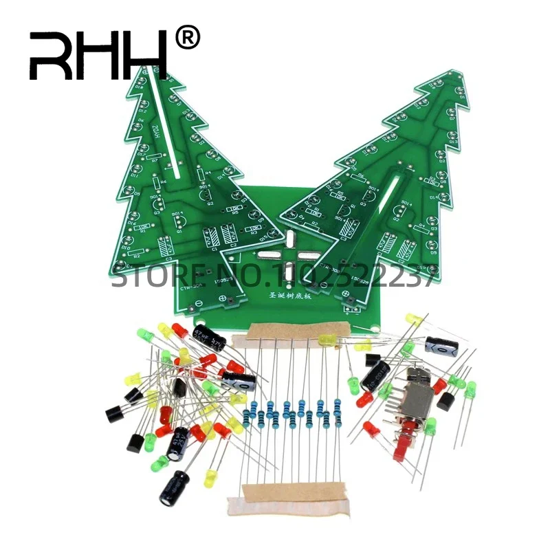 Three-Dimensional 3D Colorful Christmas Tree DIY Kit Red/Green/Yellow 3 Colors LED Water Lamp Flash Circuit Electronic Fun Suite