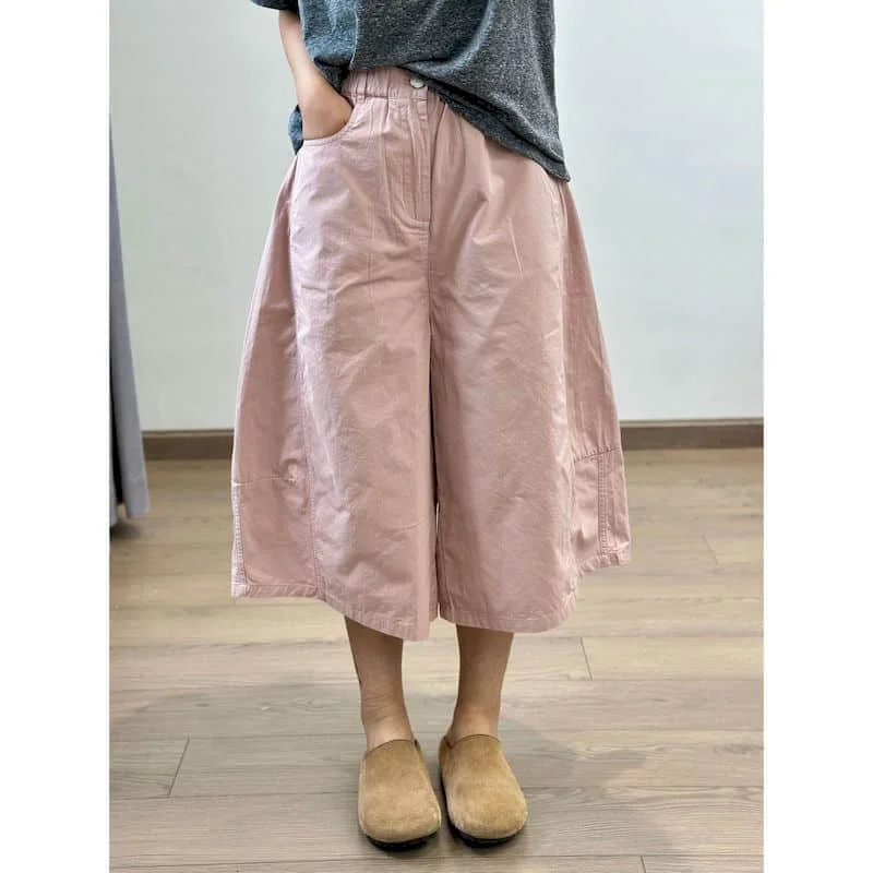 Capri Pants Solid Loose Casual Vintage Age Reduction Japanese Style Elastic Waist Wide Leg Trousers Women Clothing Baggy Pants