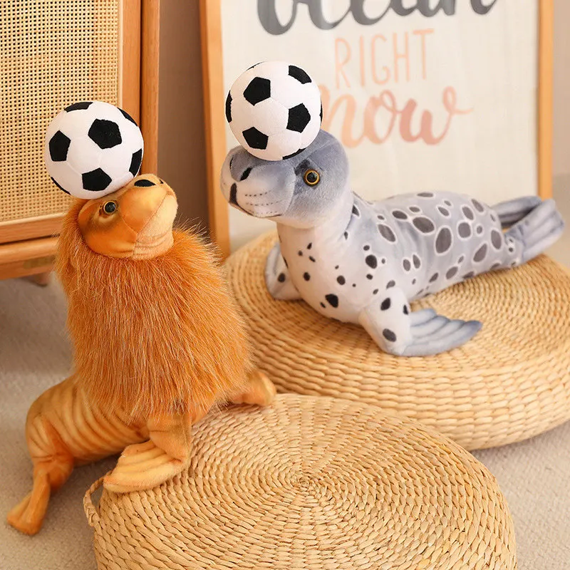 Like Real Seal Doll Plush Toy Stuffed Grey Blue Aquatic Animal with Football on Head Cute Plushie Birthday Gift