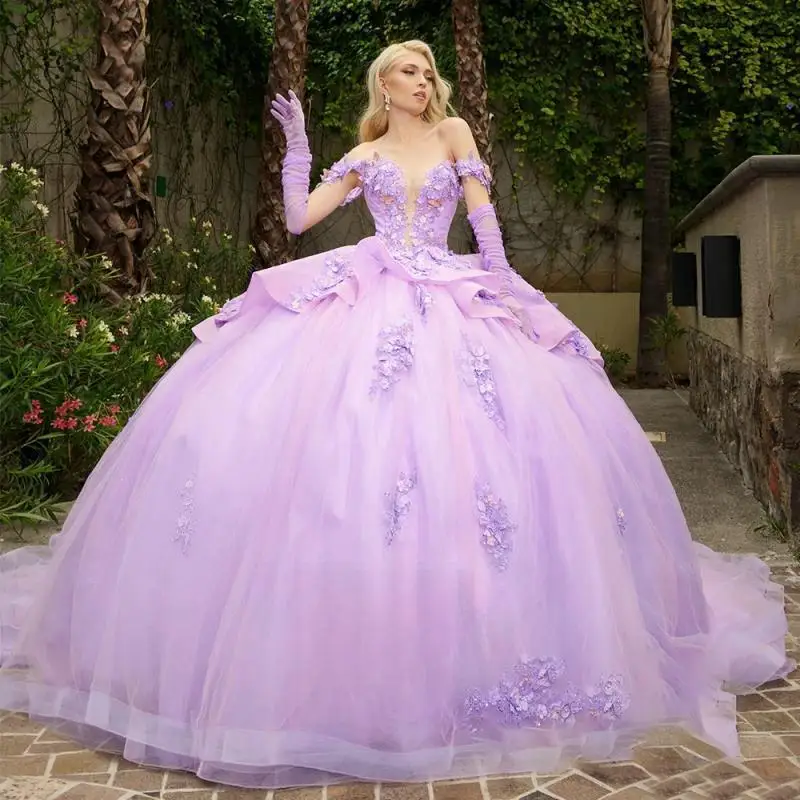 Romantic Ball Gowns Quinceanera Dresses Appliques Off the Shoulder Gloves Ruffles Lace up Draped Vestidos De 15 Años