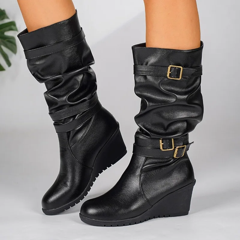 Double Buckle Stack High Boots Women's Autumn and Winter Block Heel Pleated Skinny Wedge Shoes