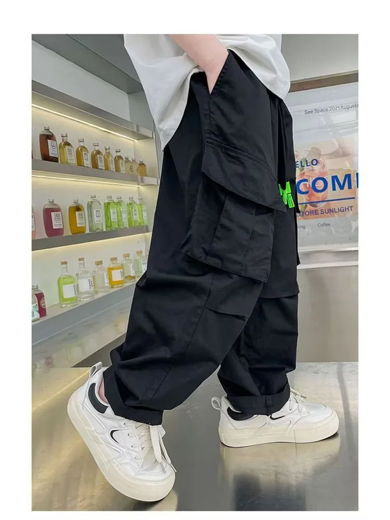 Boys Cargo Pants Kids Vintage Streetwear Straight Trousers Children Spring Fall Loose Wide-Legged Pants Teenager Casual Clothing