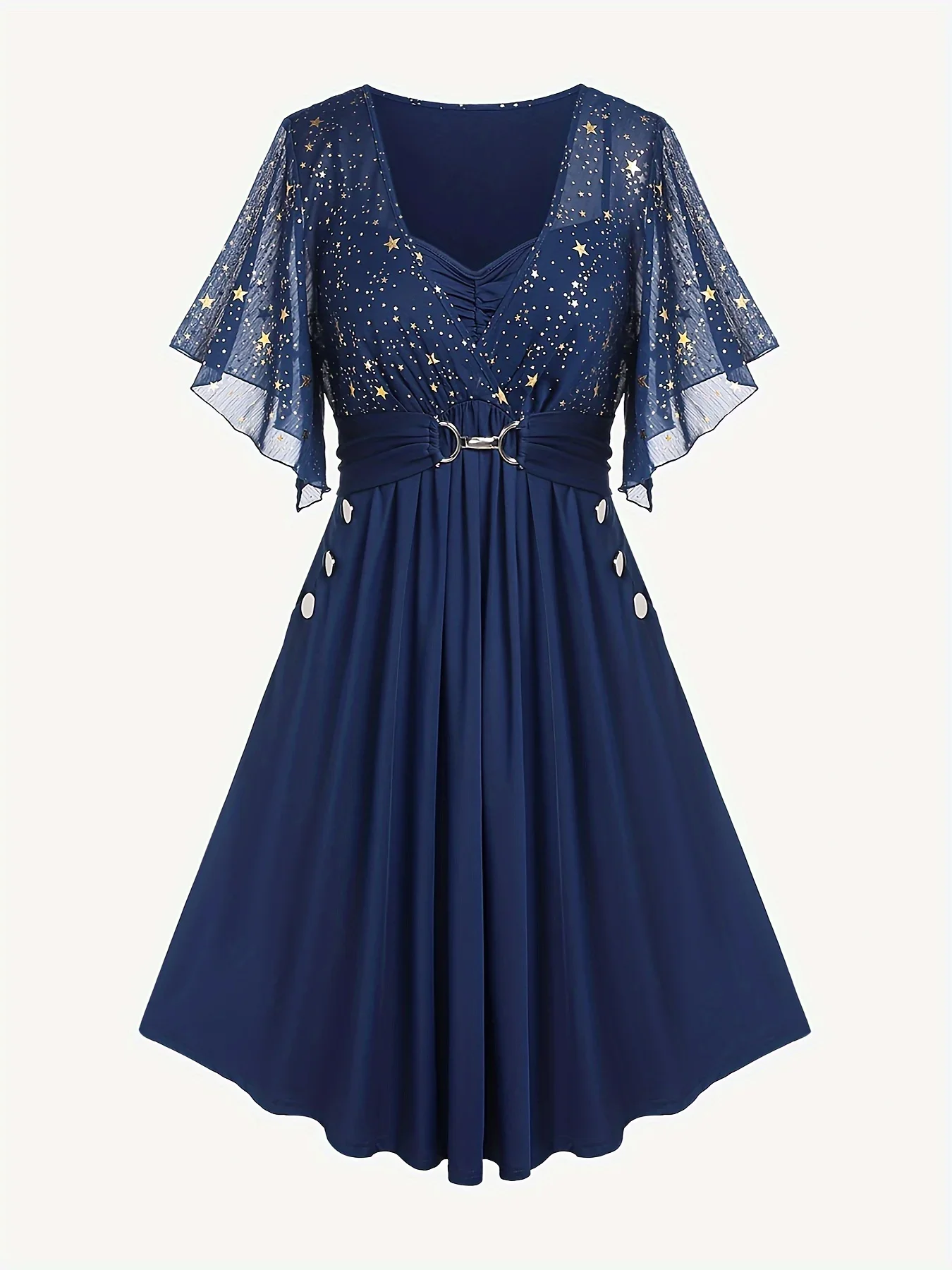 

European and American fashion women's plus-size star print button pocket pleats butterfly sleeve elegant temperament dress