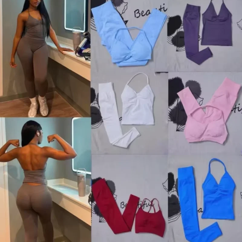 

2Pcs Women's Gym Yoga Set Seamless High Waist Leggings Sports Bra Top Workout Outfit Fitness Activewear Running Training Clothes