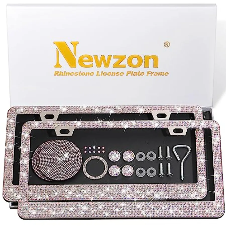 

AB Bedazzled Crystal Car License Plate Cover 2 Pieces, Color Bling License Plate Frames with High End Ribbon Gift Box, Diamond