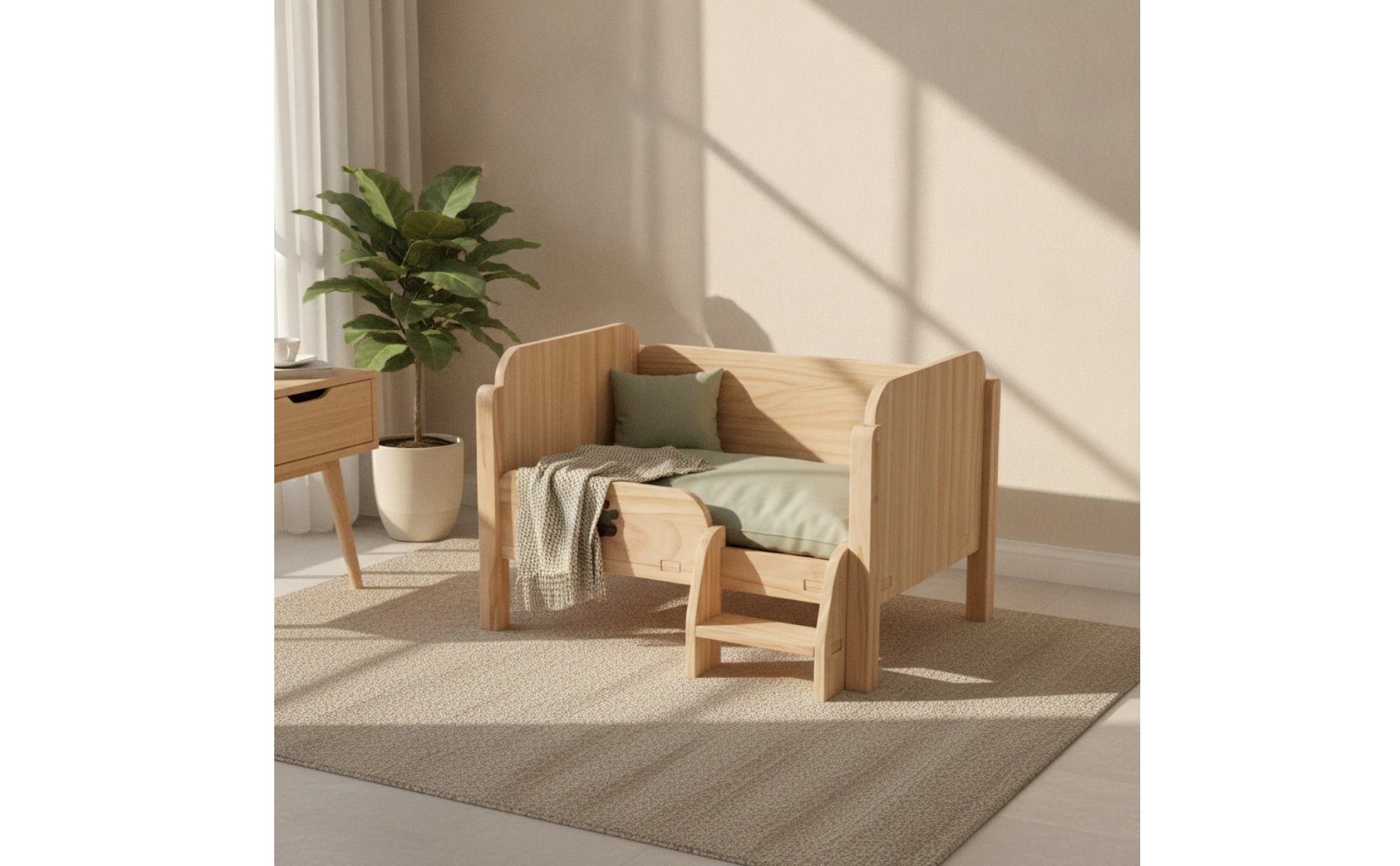 Pet Bed with Step Long-Lasting Wooden Pet Bed Elevated Cat Couch Indoor Furniture Comfortable for Cats, Living Room, Bedroom