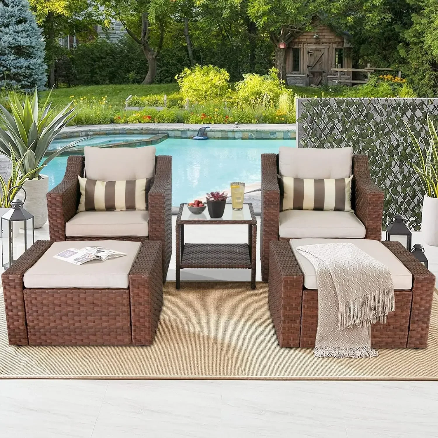 5 Piece Patio Conversation Set Outdoor Furniture Set, Brown Wicker Lounge Chair with Ottoman Footrest, W/Coffee Table & Cushions