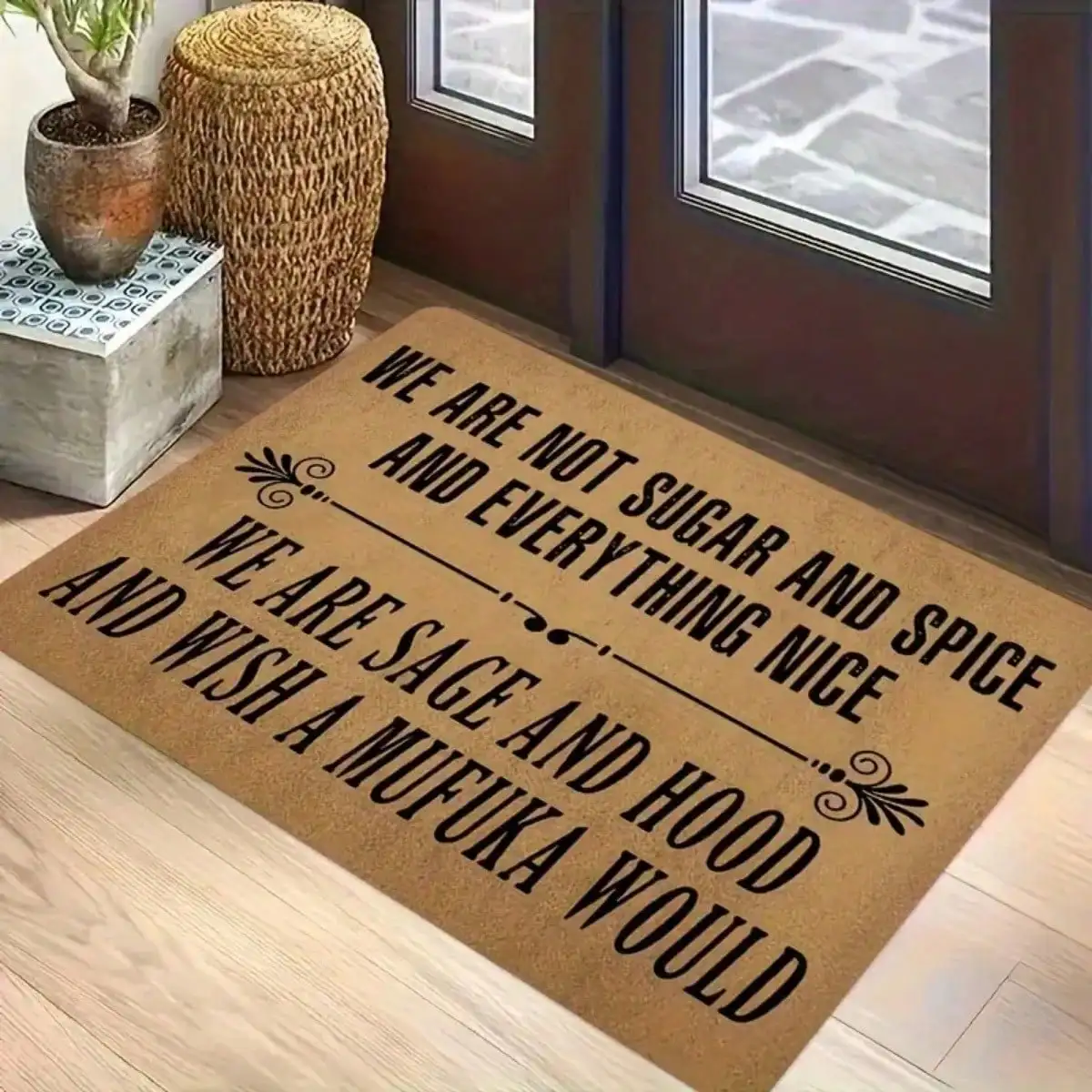 Funny Welcome Doormat, Monogram Area Rug, We Are Not Sugar And Spice, We Are Saints And Hoods Hope Mufuka Non-Slip Rubber Back Doormat, Holiday Gift Rug For Entry Way